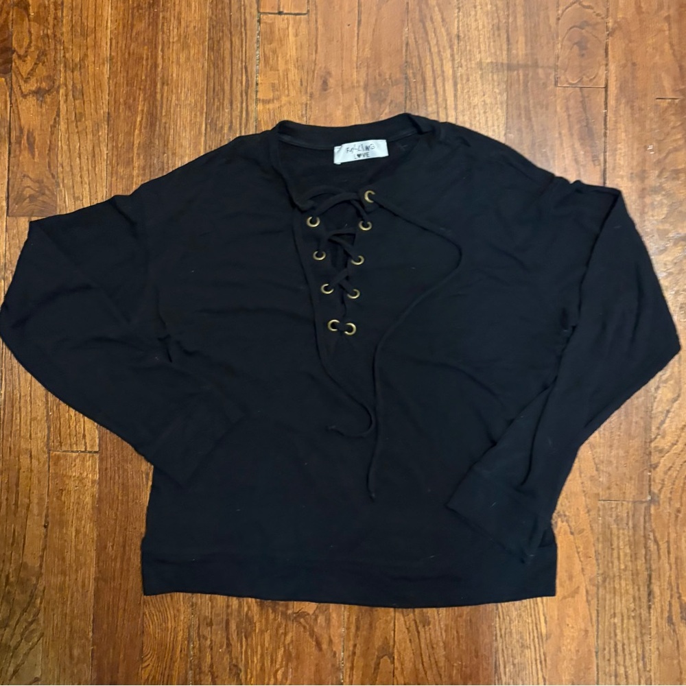 Falling Love Black Lace-Up Front Top Long Sleeve Grommet Detail, Large